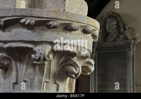 Carved capital in St. Lawrence`s Church, Mickleton, Gloucestershire, England, UK Stock Photo